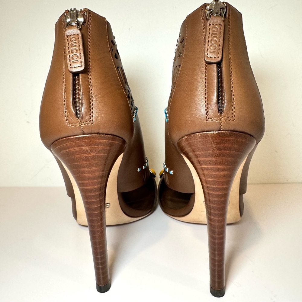 Gucci Lika Brown Leather Cutout Embellished Open Toe Bootie Sandal, Sz 38.5 - Picture 10 of 16